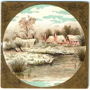 c1880s Lovely Seasons Greetings Farm Glitter Snow Square WS&O Trade Card C44