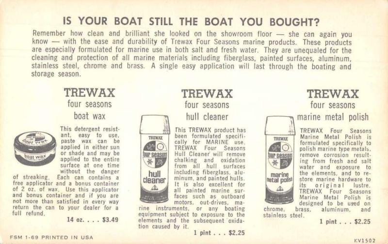 Trewax Four Seasons Boats Sailing Advertising Vintage Non Postcard Back J76336