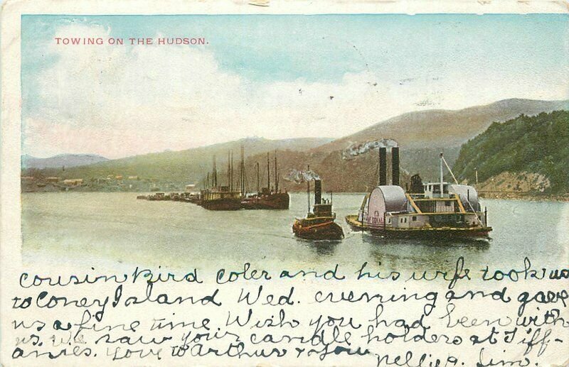 1907 New York Steamboat Towing Hudson New York undivided Postcard 20-2107