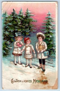 Christmas Postcard Pretty Girls With Handwarmer And Gifts Winter Gel Gold Gilt