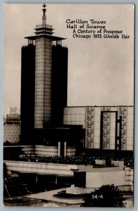 Postcard RPPC c1934 Chicago IL Carillon Tower Hall Of Science 1933 Worlds Fair