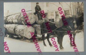 rppc c1910 LOGGING Lumberjack GIANT LOG Logs HORSE DRAWN LOAD Sledge MAIN STREET