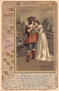 Couple Taking Farewell 1902 Golden Flowers Poem embossed postcard