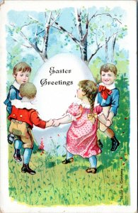 Postcard Easter - Children holding hands around giant egg