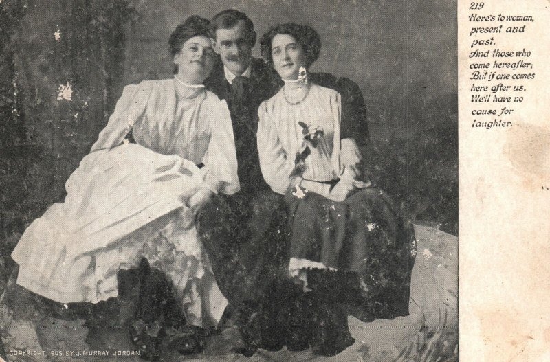 VINTAGE POSTCARD TWO WOMEN AND A MAN IN POSE WITH VERSE c. 1915-1920