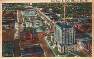 Vintage Postcard 1930's Civic Center By Night Oklahoma City Okla.