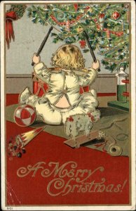 Christmas Little Boy with Drum and Sheep Pull Toy Vintage Toys c1910 Postcard