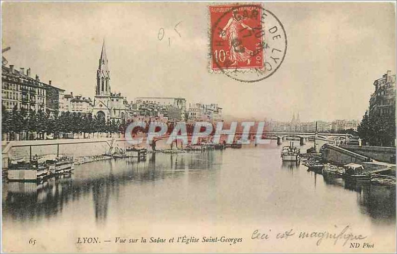 Old Postcard Lyon View the Saone and the Church of Saint George