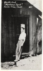 Vintage Postcard North End Mystery Spot Boy Leans on Door Santa Cruz CA RPPC