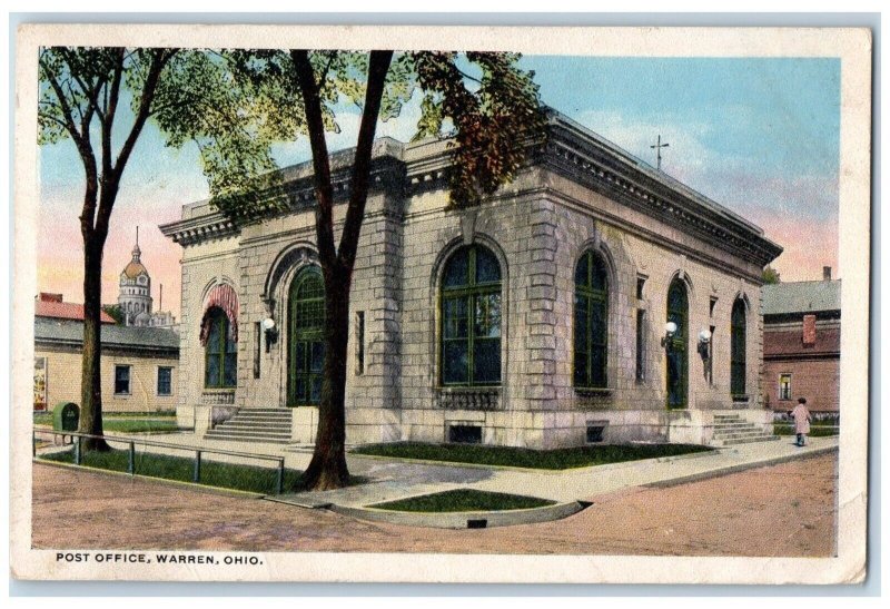 Warren Ohio Postcard Post Office Exterior Building Street 1915 Vintage Antique