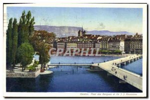 Old Postcard des Bergues Geneva bridge and island J J Rousseau