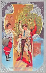 CHRISTMAS GREETINGS-BOY W/ SWORD RIDES HOBBY HORSE~SANTA CLAUS~TOYS~POSTCARD