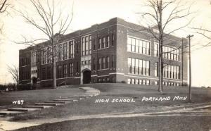 Portland Michigan~High School Building on Hill~2 Arched Entrances~1930s RPPC