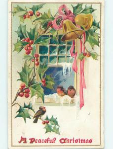 Pre-Linen christmas BIRDS WITH GOLDEN BELLS & RIBBON & HOLLY HQ7151