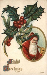 Christmas Santa Claus Holly Berry Embossed c1900s-10s Postcard