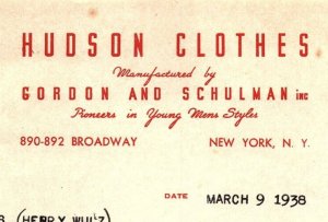 1938 HUDSON CLOTHES GORDON AND SCHULMAN N.Y. YOUNG MEN'S  BILLHEAD INVOICE Z505