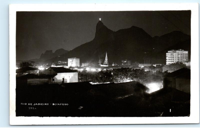 *Rio de Janeiro at Night Monumento Cristo Redentor Vintage Photo Postcard C87