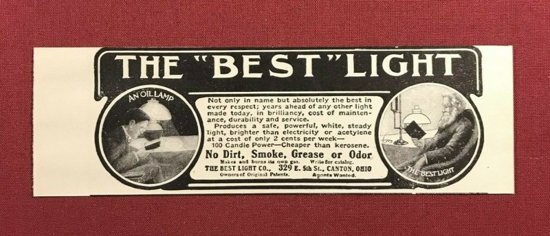 1907 The Best Light Company, Canton, Ohio Original Print Ad 2V1-32 