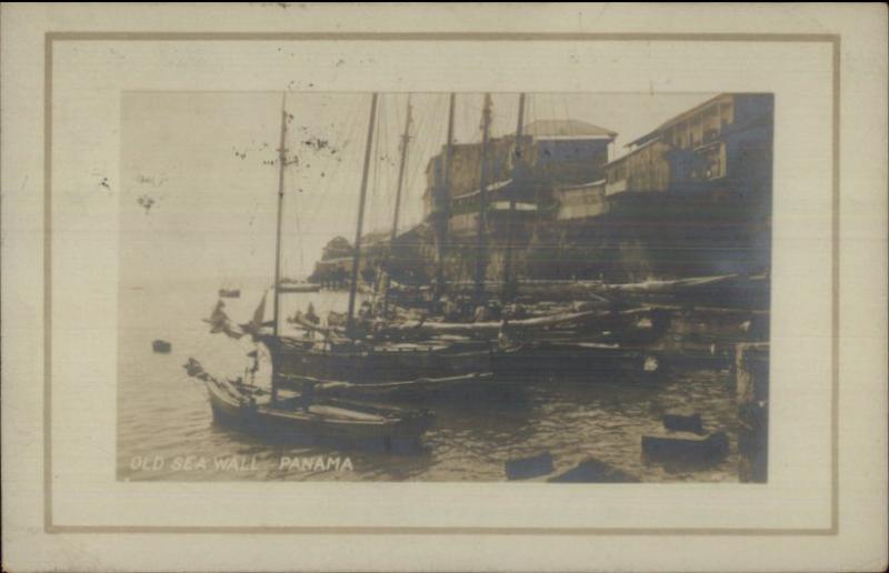 Panama Old Sea Wall & Boats 1909 Real Photo Postcard & Cover Stamp