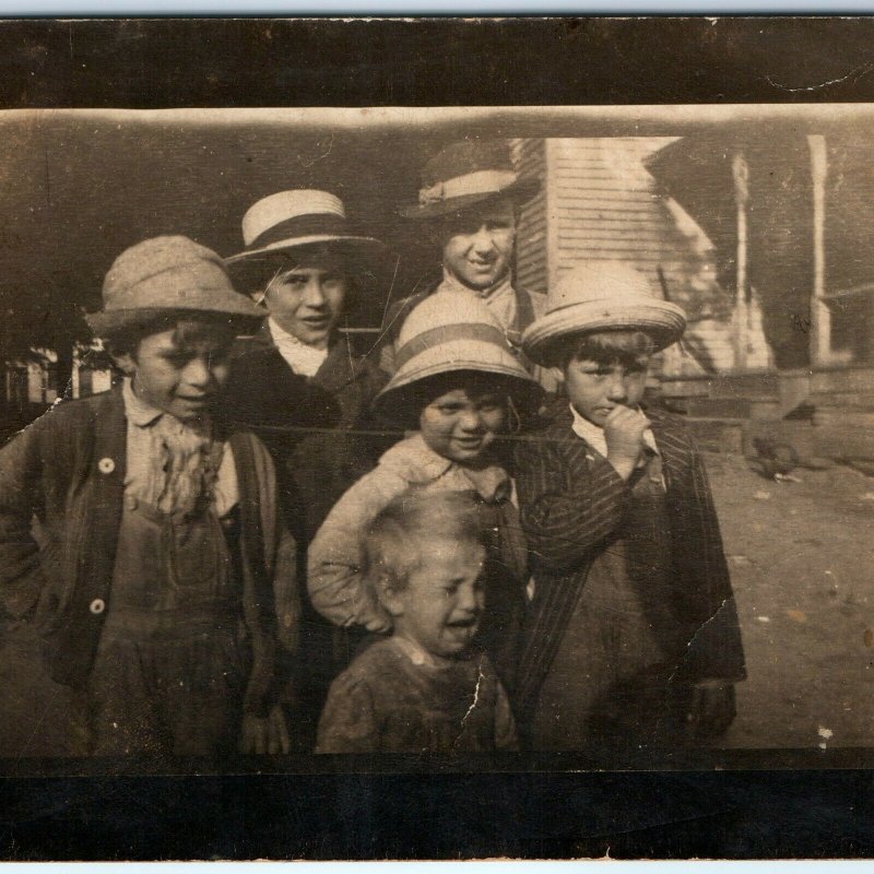 c1900s Cute Children RPPC Boys & Girl Wear Adult Hats Overalls Real Photo A13