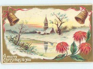Pre-Linen christmas GOLDEN BELLS WITH SNOWY CHURCH BY THE RIVER HQ7276