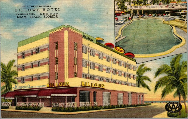 Vtg 1950s Billows Hotel Miami Beach Florida FL Linen Advertising Postcard