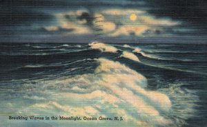 Ocean Grove New Jersey 1944 Breaking Waves In The Moonlight NJ Vintage Postcard