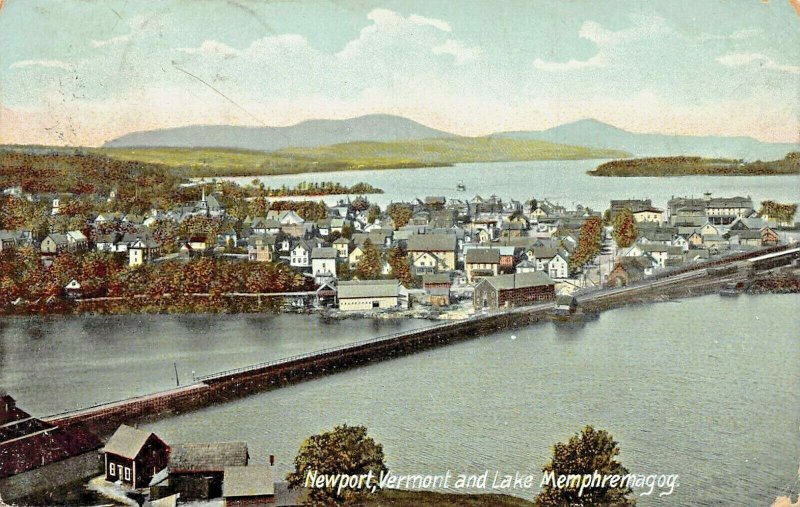 NEWPORT AND LAKE MEMPHREMAGOG VERMONT-BIRDS EYE VIEW-1909- POSTCARD