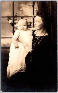 Mother And Child Infant With White Dress Bald Baby Real Photo RPPC Postcard