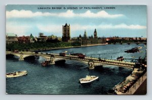 Lambeth Bridge Houses Parliament London England Boats River Postcard UNP VTG 
