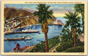 Santa Catalina Island Calif, 1940 View from Skyline Drive, Avalon Bay, Postcard