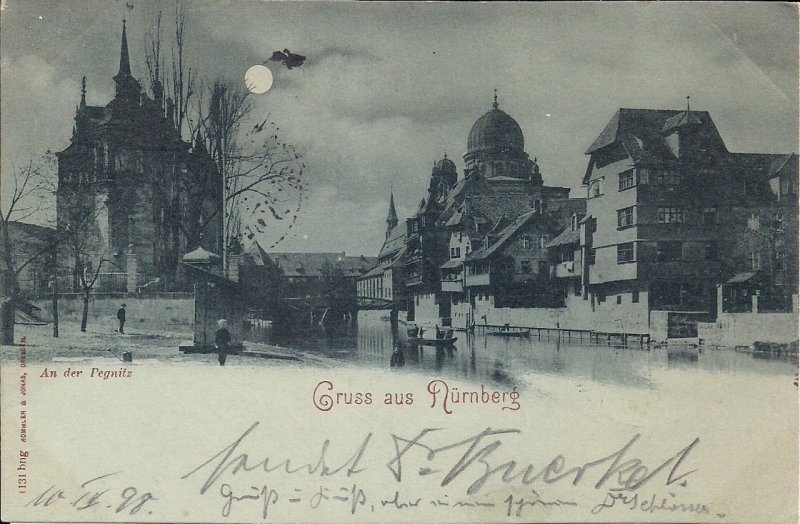 JUDAICA Germany, Nuernberg, Grand Synagogue 1898 Gruss Aus, Moonlight Night View
