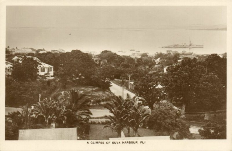 fiji islands, SUVA, Glimpse of the Harbour (1930s) RPPC