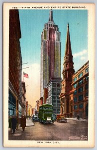 New York City~Fifth Ave St~Empire State Bldg~Automobiles~US Flag~1940s Linen PC