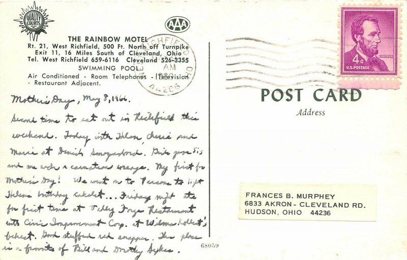 Cleveland Ohio 1966 Postcard The Rainbow Motel