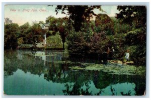 1911 View In Long Hill Lake Kids Fishing Forest House Connecticut CT Postcard