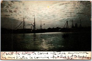 Postcard VA Norfolk Harbor by Moonlight  ships