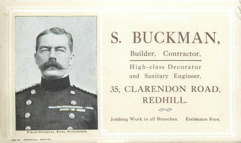 Field-Marshal Earl Kitchener advertising card S. Buckman cuilder, constructor