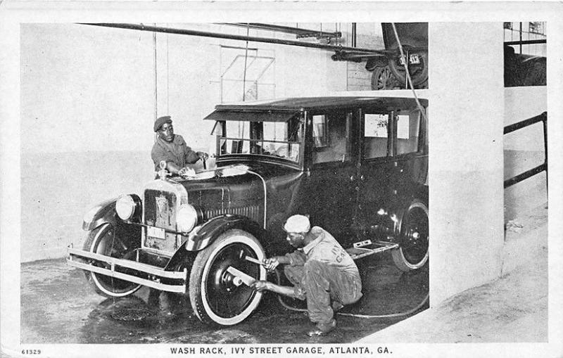 Atlanta GA Ivy Street Garage Car Wash Rack Black Men Washing Cars Rare Postcard