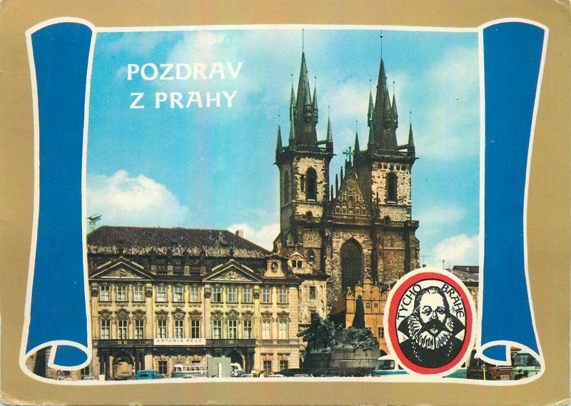 Postcard CZECH REPUBLIC pozdrav prahy church tower statue monument square Praha