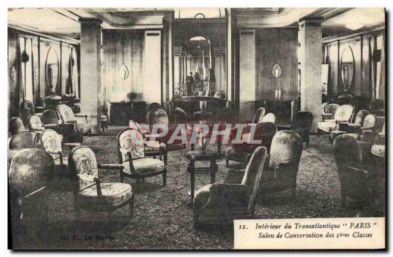 Old Postcard Boat Ship Interior of the Paris Transatlantic Conversation Salon...