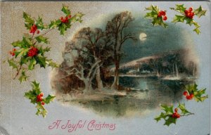 VTG 1910's Moon Lit Lake Scene Silver Silk Holly Leaves Merry Christmas Postcard