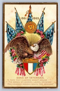 J87/ Patriotic Postcard c1910 Sons of Veterans Eagle Flags Civil War 597