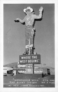 RPPC WENDOVER WILL Nevada Roadside Cowboy Sign Gas Station '50s Vintage Postcard