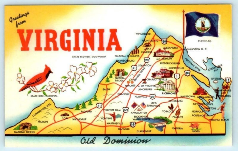 4 Postcards GREETINGS from VIRGINIA Old Dominion ILLUSTRATED MAPS c1960s 