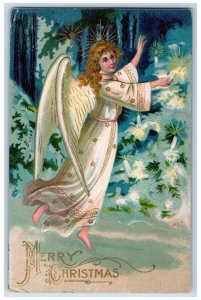 c1910's Merry Christmas Floating Angel Candle Lights Winter Embossed Postcard