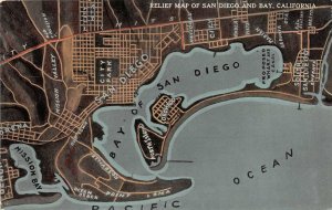 RELIEF MAP OF SAN DIEGO AND BAY CALIFORNIA POSTCARD (c. 1910)