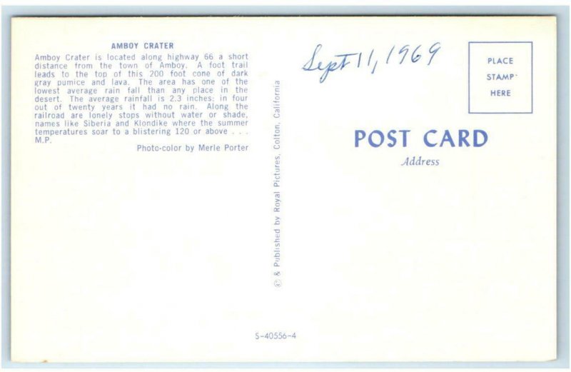 AMBOY, CA  ~ Route 66 AMBOY CRATER 1969 San Bernardino County Postcard