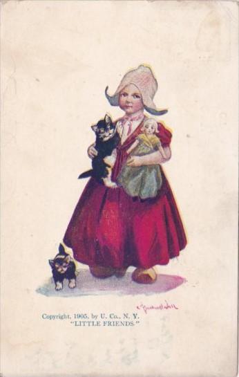 Dutch Girl With Doll and Cats Little Friends 1908 Signed Wall