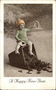 Little Boy on Toppled Basket of Clovers Live Action Vintage Postcard